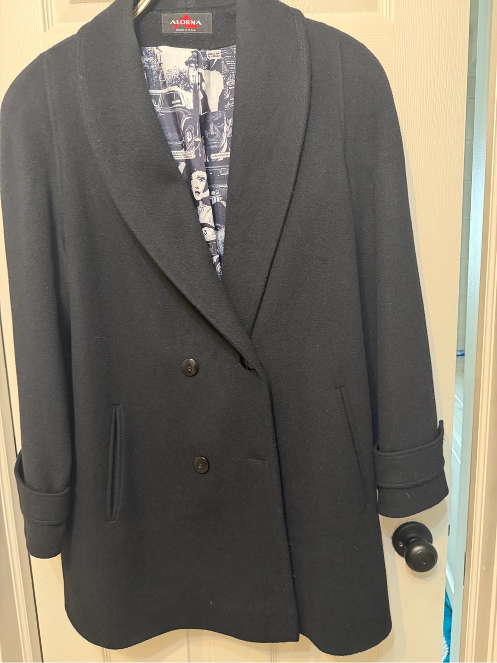 Aldorna Women's Black Double-Breasted Pea Coat with Shawl Collar